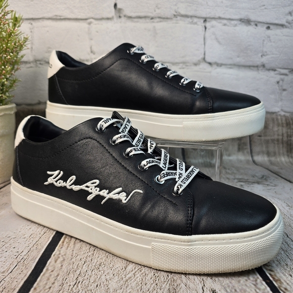 Karl Lagerfeld Shoes - Karl Lagerfeld CYLIE LOW TOP SNEAKER FAUX BLACK LEATHER BOLD LOGO WOMENS 9.5